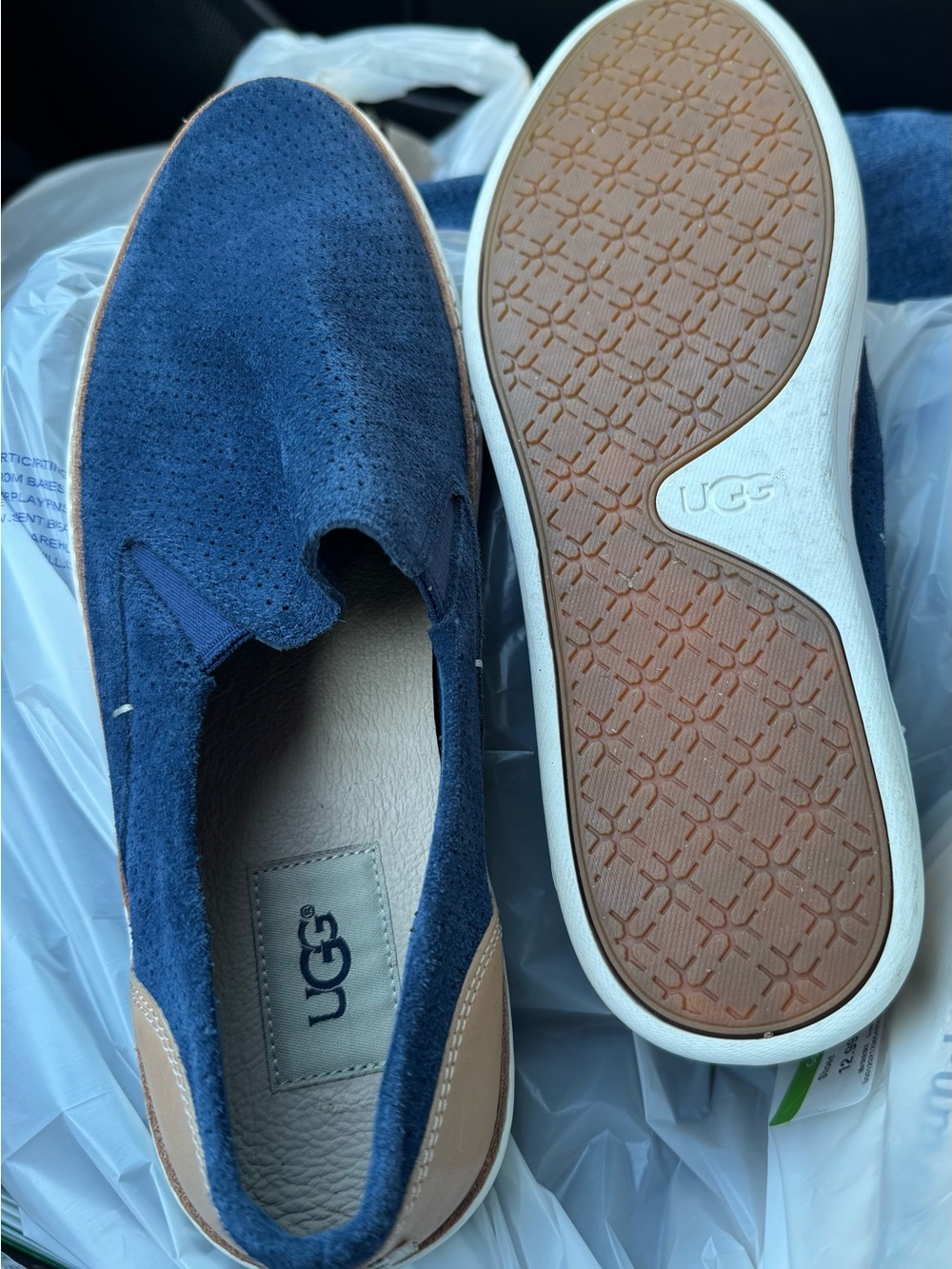 UGG Navy Suede Slip-On Loafers with Tan and White Sole